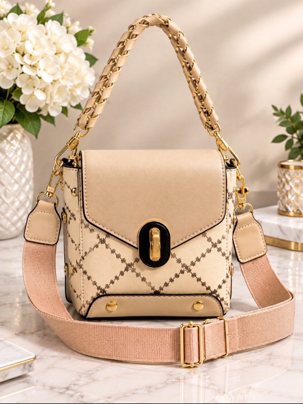 Super cute small fashion- Tan Patterned Top-Handle Bag+2 bag straps & bag charm